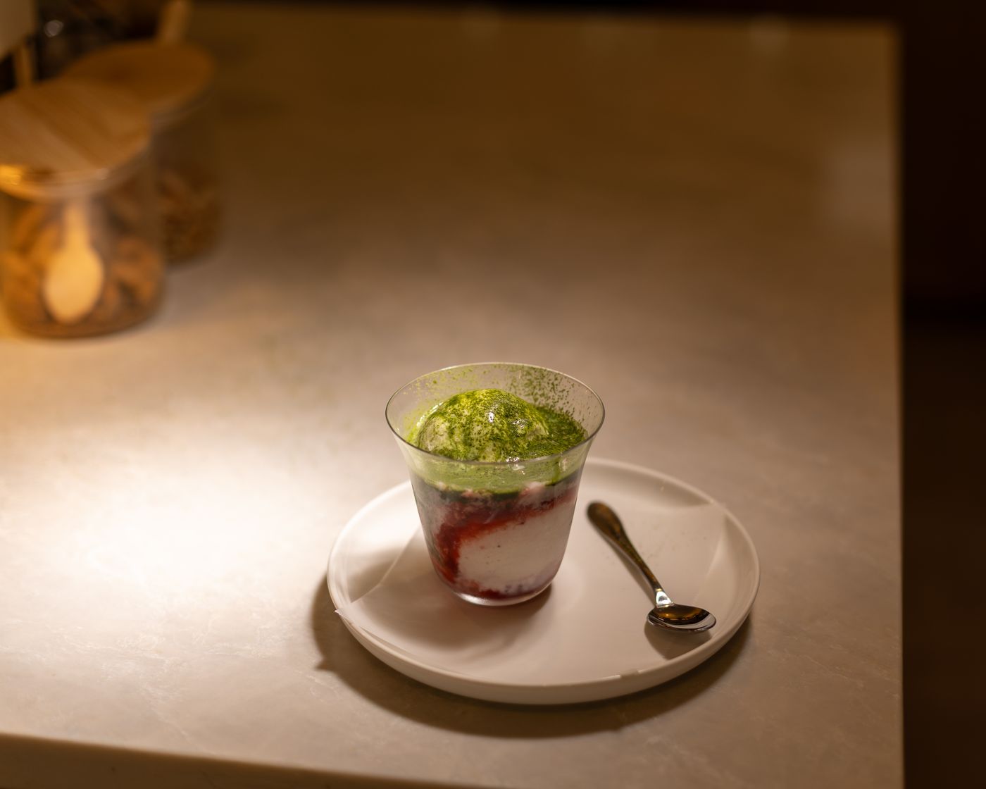 strawberry matcha affogato at kin espresso